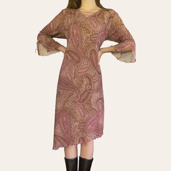 90s vintage boho mesh asymmetric paisley midi dress - Expressions Large - Picture 5 of 8